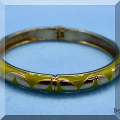 J30. Lime green and goldtone hinged banglle bracelet - $6 